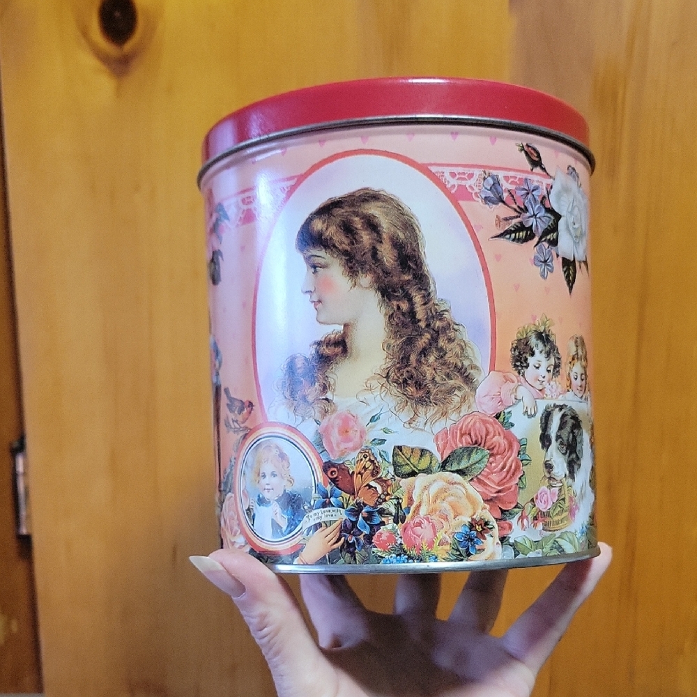 Vintage Mexican  Floral Tin with Victorian Portrait 6" Tall